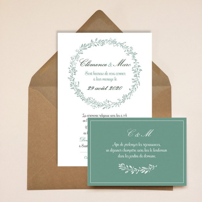 Faire-part mariage champêtre chic, vert eucalyptus