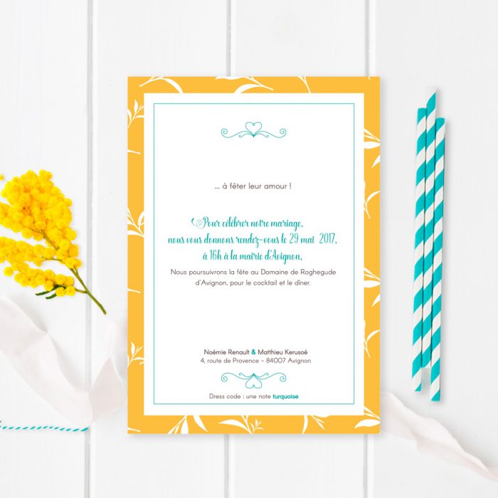 Faire-part mariage jaune, provençal