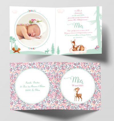 Faire-part de naissance biche faon, forêt
