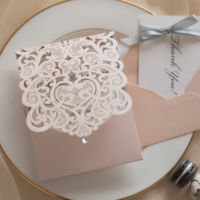 Faire-part mariage rose dentelle