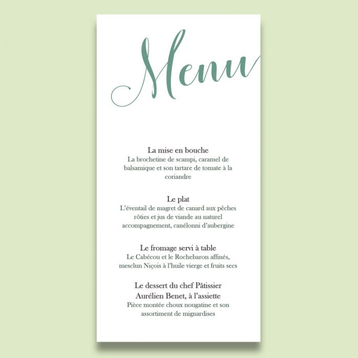 Menu mariage champêtre, vert eucalyptus