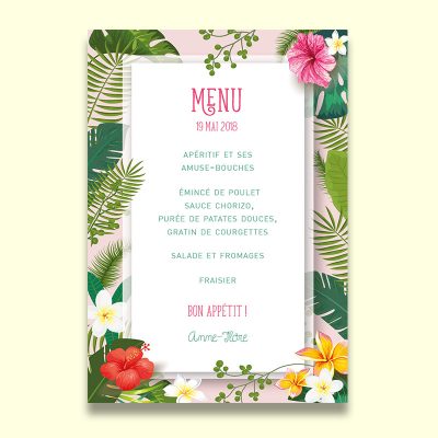 Carte menu mariage exotique