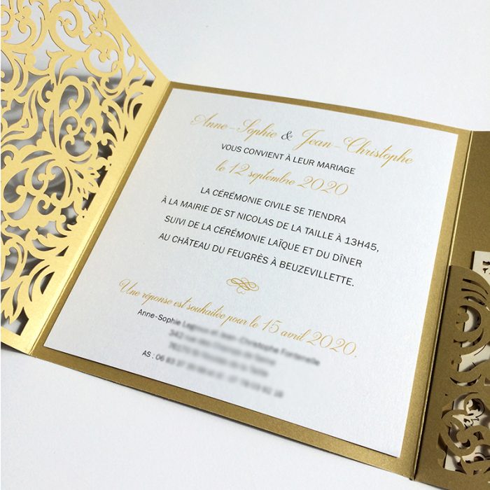 Faire-part mariage blanc et or