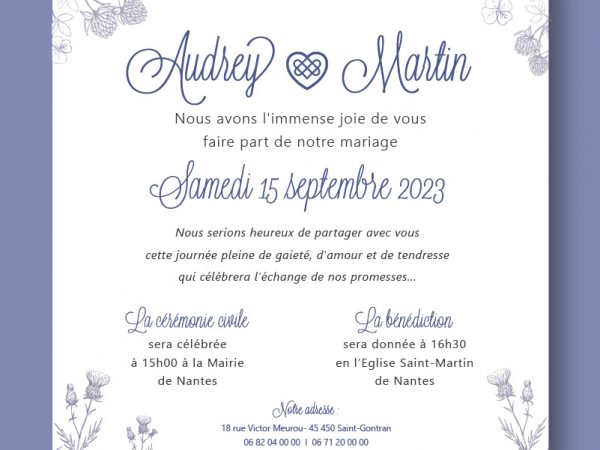 Faire-part mariage violet, celtique