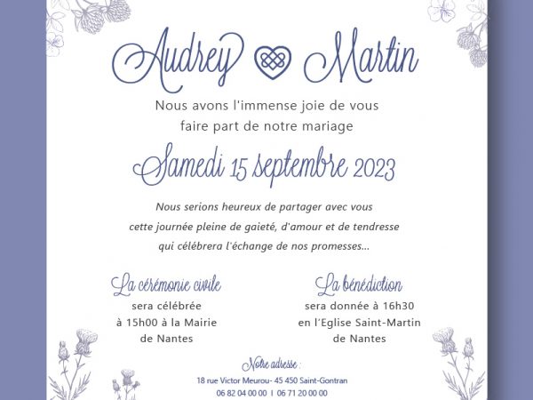 Faire-part mariage violet, celtique